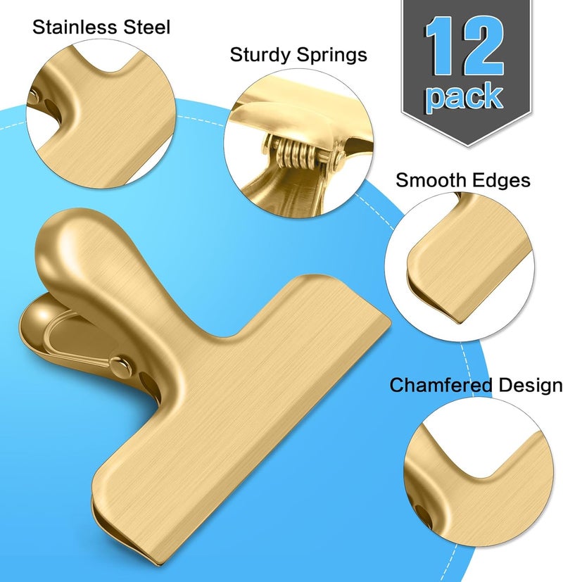 WUDIME 12 Pack Chip Clips, Stainless Steel Chip Bag Clips, Food Clip, Heavy Duty Bag Clip for Food Storage, Perfect for Kitchen Office Usage(Gold) - Image 3